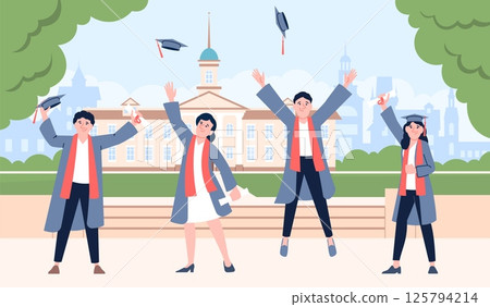 College park graduation students. Happy graduated in academic hats, university campus. Teens holding diplomas, obtaining degree party, recent vector scene College park graduation students. Happy graduated in academic hats, university campus. Teens holding diplomas, obtaining degree party, recent vector scene 125794214