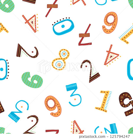 Hand drawn ethnic numbers seamless pattern. Decorative backdrop childish style. Print for fabric, wrapping, web site, vector background 125794247