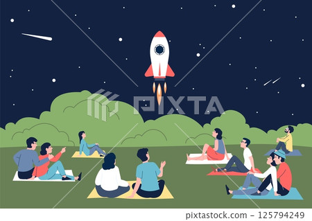 Group of people watch launch of spaceship. Couples and single characters sitting on plaids outdoor on summer evening and looking on space, vector scene 125794249