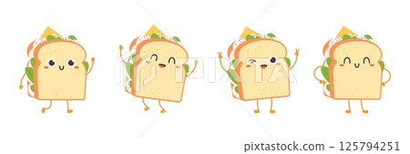 Funny sandwiches characters. Isolated cute burger with cheese, bread slices, green salad and sauce. Tasty lunch or dinner, evening food vector clipart 125794251