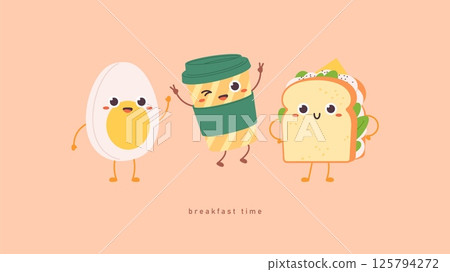 Breakfast food. Fresh sandwich with cheese and sauce, egg and coffee takeaway mug. Funny happy characters, positive morning vector background 125794272