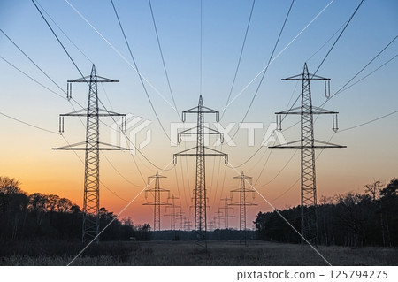 High voltage power lines over a field at sunset 125794275