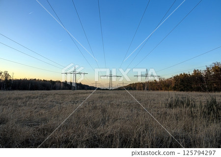 High voltage power lines over a field at sunset High voltage power lines over a field at sunset 125794297