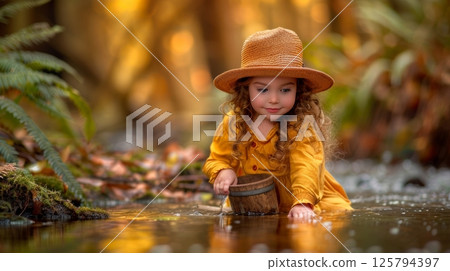 Young woman in peasant dress gathering water from forest stream in serene setting 125794397