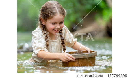 Girl in traditional attire using wooden bucket to collect water from forest stream 125794398