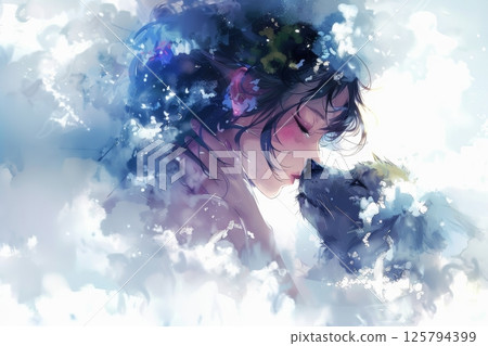 Tender moment. Winter Embrace Anime girl with closed eyes holds wolf cub, snowy landscape. 125794399