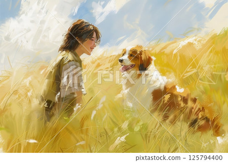 Girl Smiling At Her Happy Dog In A Field Of Golden Wheat On A Sunny Day Digital Art Illustration 125794400