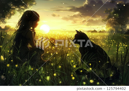 Silhouette Of Girl And Black Cat At Sunset In Meadow, Digital Art Fantasy Illustration 125794402