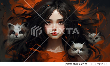 Portrait, Beautiful Young Woman, Dark Flowing Hair, Flawless Skin, Ethereal Makeup, Adorable Cats 125794415