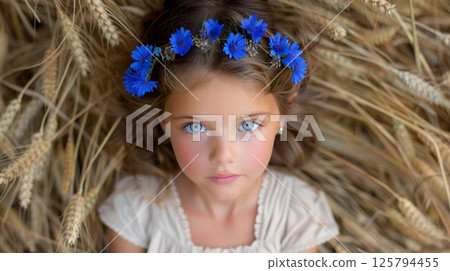 Traditional ukrainian portrait of a girl with a blue cornflower wreath in a wheat field Traditional ukrainian portrait of a girl with a blue cornflower wreath in a wheat field 125794455