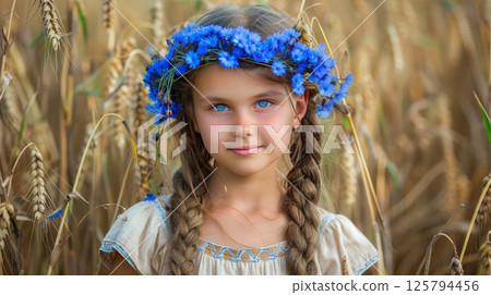 Portrait of a girl in traditional ukrainian attire with cornflower wreath in a wheat field Portrait of a girl in traditional ukrainian attire with cornflower wreath in a wheat field 125794456