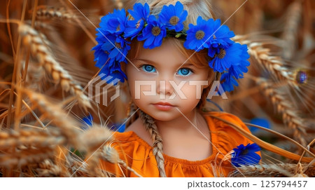 Portrait of a ukrainian girl in traditional attire with cornflower wreath in a wheat field 125794457