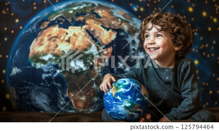 Curious Young Boy with Globe, Dreaming of Space Exploration and the Wonders of the World 125794464