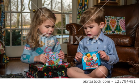 Children delight in unpacking colorful christmas ornaments, embracing joy and curiosity in the glow 125794481