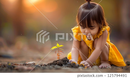 Little Girl in Yellow Dress Planting a Sprout in the Garden with a Setting Sun Background 125794491