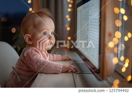Cute Baby Girl in Pink Looking at Computer Screen, Home Interior with Lights, Child and Technology 125794492