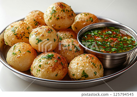Indian Tiffin lunch box. Traditional Indian stainless steel plate with panipuri and tamarind broth nearby. 125794545