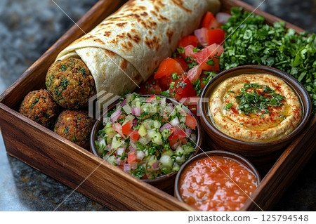 Falafel wrap, tabbouleh salad and hummus dip in a wooden lunch box. Middle Eastern lunch box. 125794548