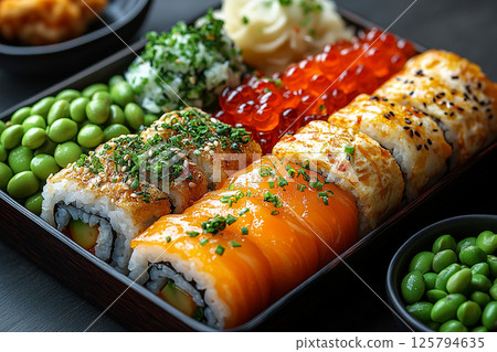 Homemade Bento lunch box. Japanese style bento box featuring sushi rolls, edamame, tamagoyaki and pickled vegetables. Homemade Bento lunch box. Japanese style bento box featuring sushi rolls, edamame, tamagoyaki and pickled vegetables. 125794635