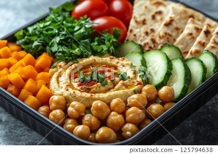 Plant based lunch box with hummus, roasted chickpeas, fresh veggie sticks and whole wheat pita bread on. Plant based lunch box with hummus, roasted chickpeas, fresh veggie sticks and whole wheat pita bread on. 125794638