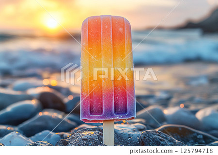 Popsicle with rainbow colors on a long stick on a summer background. Summer fun. Retro style. 125794718