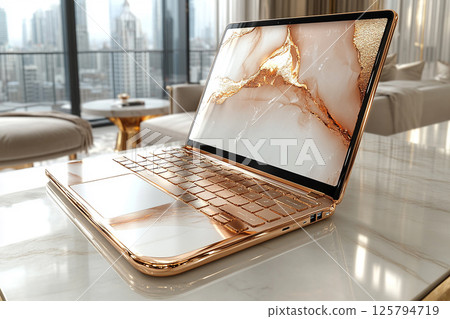 Luxury edition laptop with clean screen and gold accents. High-end laptop with gold accents Luxury edition laptop with clean screen and gold accents. High-end laptop with gold accents 125794719