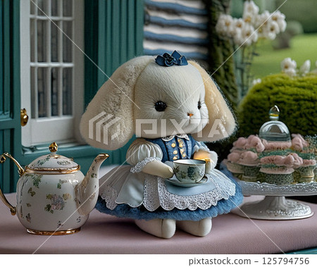 A cute plush cat doll dressed in vintage Victorian attire stands beside a tiny tea table with a teapot and cups in a cozy, dollhouse-style setting. 125794756