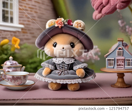 A cute plush cat doll dressed in vintage Victorian attire stands beside a tiny tea table with a teapot and cups in a cozy, dollhouse-style setting. 125794757
