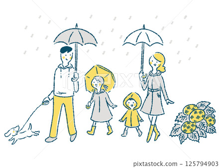 Hand-drawn illustration of a family walking a dog on a rainy day 125794903