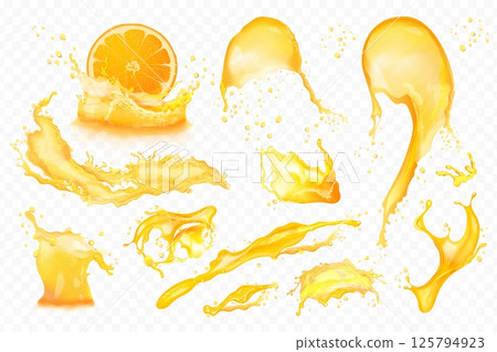 Realistic juice flowing. 3d oil splash, juiced fruit orange drink tornado juicesplash beer apple pineapple mango, liquid twister juices drop splashes, set exact vector illustration Realistic juice flowing. 3d oil splash, juiced fruit orange drink tornado juicesplash beer apple pineapple mango, liquid twister juices drop splashes, set exact vector illustration 125794923