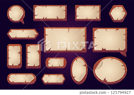Wood paper ui. Wooden board with old papers parchment for cartoon adventure game menu, speech bubble text box frame medieval plank sign panel elements, swanky vector illustration Wood paper ui. Wooden board with old papers parchment for cartoon adventure game menu, speech bubble text box frame medieval plank sign panel elements, swanky vector illustration 125794927