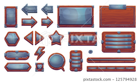 Wood metal game interface. Wooden nameplates with iron rivets frames, medieval rpg game ui elements cartoon plates button panels arrows sign, gaming menu swanky vector illustration 125794928