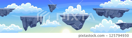 Game stone platforms. Rock piece floating in cloud sky adventure mobile video gaming level background, stones islands flying ground platform rocky map, swanky vector illustration Game stone platforms. Rock piece floating in cloud sky adventure mobile video gaming level background, stones islands flying ground platform rocky map, swanky vector illustration 125794930