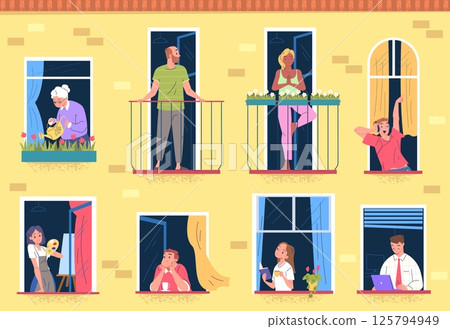 Neighbors in windows. Condo neighborhood, neighbor people in open window or balcony drink coffee and talk together building apartment community neighbour classy vector illustration Neighbors in windows. Condo neighborhood, neighbor people in open window or balcony drink coffee and talk together building apartment community neighbour classy vector illustration 125794949