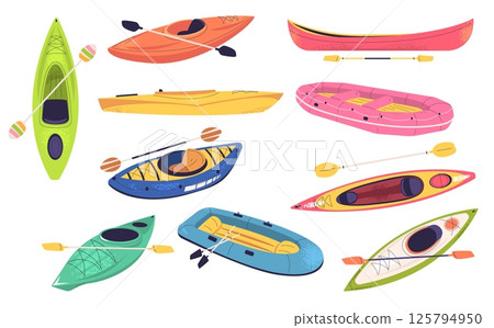 Kayak boats. Different boats kayaking sport equipment, canoe paddle oars river lake rafting water ship rowing competition gear, cartoon set isolated classy vector illustration 125794950