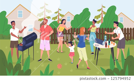 People bbq party. Family barbecue on backyard garden, neighbors friends cooking grill food meat outside picnic summer park outdoor lunch weekend leisure, classy vector illustration 125794952