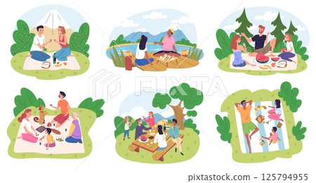 People picnic on nature. Family and friends with dog eat food on summer nature, couple romantic lunch in park garden table or mountain outdoor recreation classy vector illustration People picnic on nature. Family and friends with dog eat food on summer nature, couple romantic lunch in park garden table or mountain outdoor recreation classy vector illustration 125794955