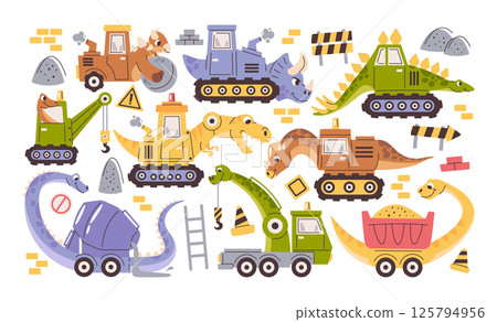 Dino construction heavy industrial machinery cute hand drawn doodle characters at work set 125794956
