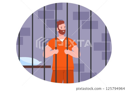 Prisoner behind bars. Jail prison concept, imprisoned arrested guilty man hands hold cell bars in cage, illegal criminal guy in robe caught thief or murderer vector illustration Prisoner behind bars. Jail prison concept, imprisoned arrested guilty man hands hold cell bars in cage, illegal criminal guy in robe caught thief or murderer vector illustration 125794964