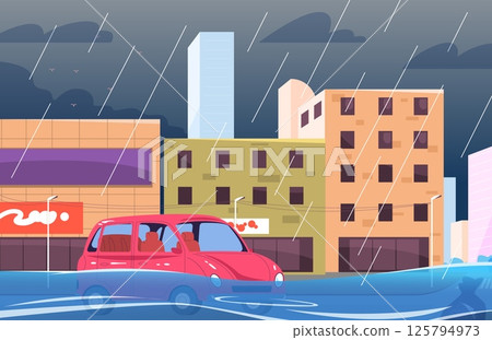 City water flood. Natural disaster rain storm, water on street road cars auto transport underwater accident river stream danger traffic season weather climate vector illustration 125794973