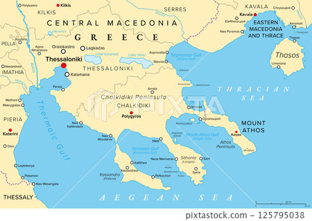 Thessaloniki and Chalkidiki, regional units of Greece, political map. Thessaloniki, 2nd-largest city in Greece, the large peninsula Chalkidiki in the Aegean Sea, and the autonomous Mount Athos region. 125795038