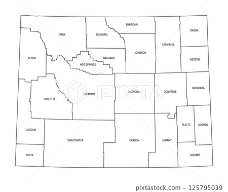 State of Wyoming, subdivided into 23 counties, outline map. State in the Mountain West region of the United States, nicknamed Equality State, Cowboy State, and Big Wyoming. Isolated illustration. 125795039