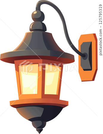 Classic wall-mounted light fixture shining brightly, illuminating the dark. A vintage, inviting, and decorative outdoor wall lamp. Classic wall-mounted light fixture shining brightly, illuminating the dark. A vintage, inviting, and decorative outdoor wall lamp. 125795319