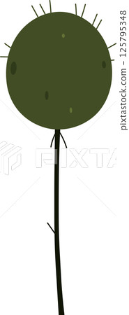 Stylized depiction of an alien plant with an oval head, small thorns, stem and spots against a black background in a cartoon style. Stylized depiction of an alien plant with an oval head, small thorns, stem and spots against a black background in a cartoon style. 125795348