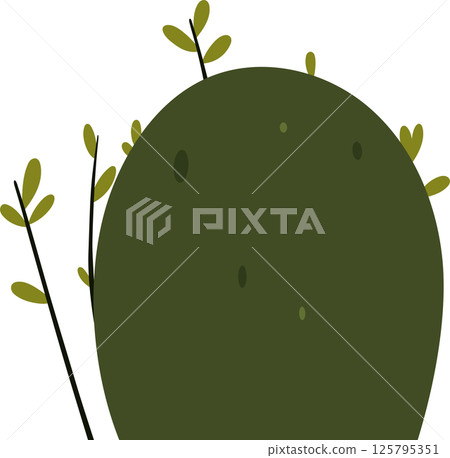 A stylized, moss-covered mound with sprigs of green leaves is presented against a black background in a cartoon style. A stylized, moss-covered mound with sprigs of green leaves is presented against a black background in a cartoon style. 125795351
