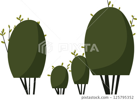 Cartoon illustration of topiary shrubs with oval shapes, rendered in shades of olive and dark green, with small yellow sprouts. 125795352