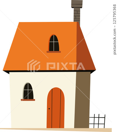 Charming Cartoon House: A quaint, stylized house with an orange roof and simple design, evokes a whimsical and inviting feel. 125795368