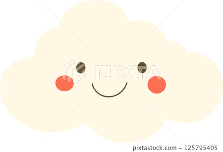 Smiling cartoon cloud character with rosy cheeks and dark brown eyes. Sweet weather icon or emoji isolated against a black backdrop. 125795405