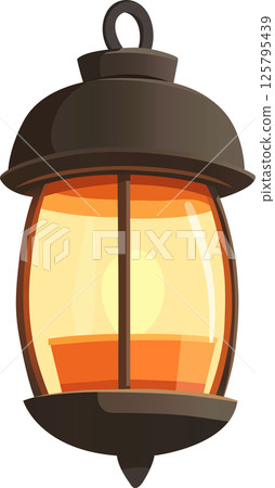 A cartoon-style lantern with a warm, glowing light inside, hanging from a simple loop against a dark background. It's a beacon of light. A cartoon-style lantern with a warm, glowing light inside, hanging from a simple loop against a dark background. It's a beacon of light. 125795439