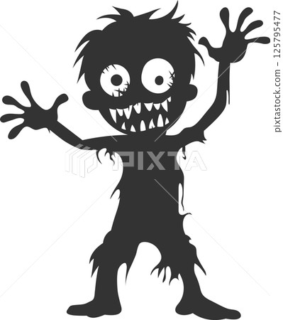 Cartoon zombie with tattered clothes, wide eyes, and sharp teeth reaching out, depicted in dark gray silhouette against a black background. Cartoon zombie with tattered clothes, wide eyes, and sharp teeth reaching out, depicted in dark gray silhouette against a black background. 125795477